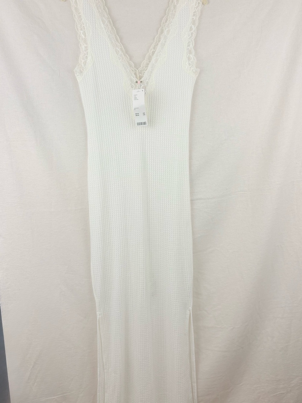 White Lace-Trim Waffle Knit Slip Maxi Dress Sleeveless V-neck NWT